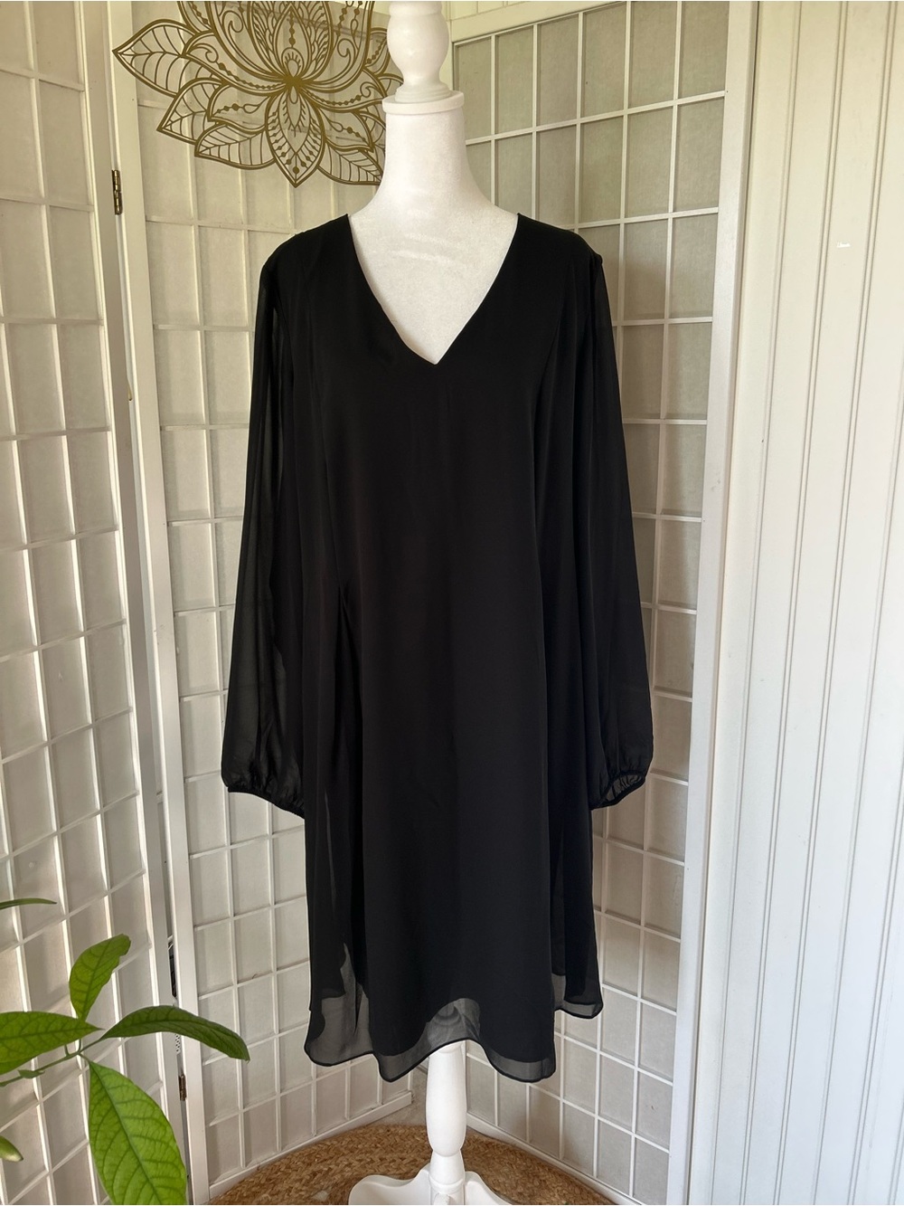 INC Black Chiffon Sheer Sleeve V-Neck Shift Dress XL Tie Back